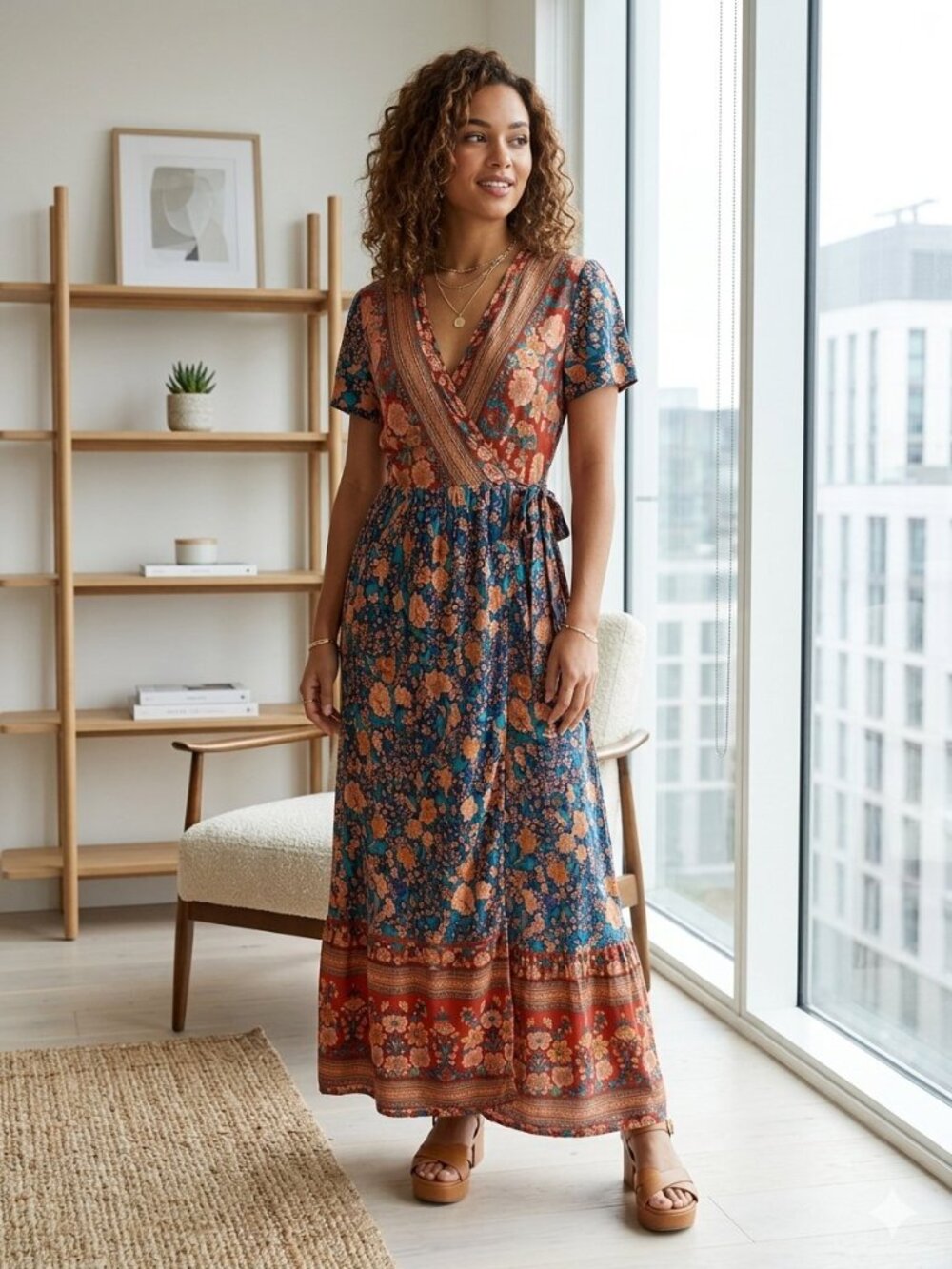 R Vivimos Women's Size Large Floral Print Short Flutter Sleeve Wrap Maxie Dress